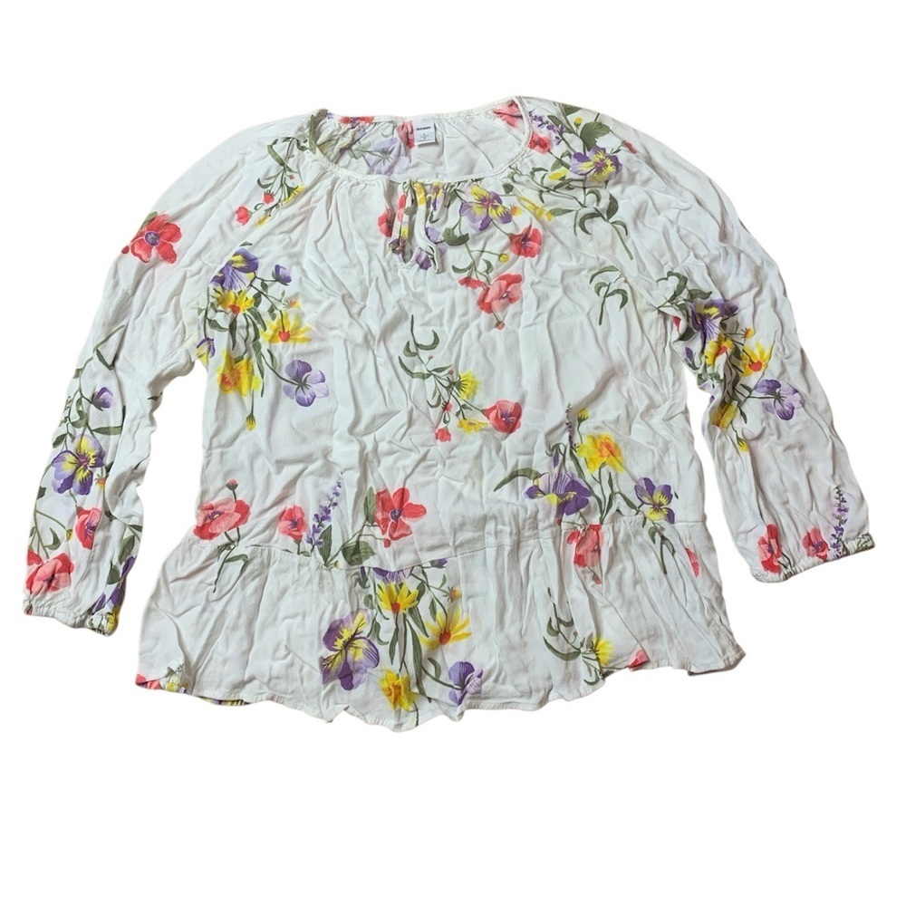 Old Navy Floral Peplum Long Sleeve Blouse White Purple Yellow Large